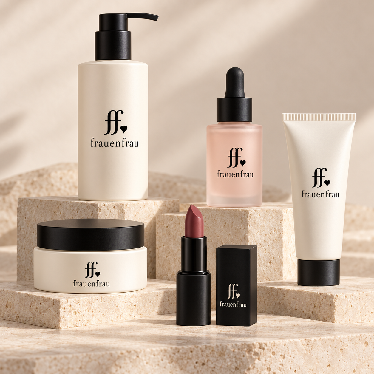 Hochwertig präsentierte frauenfrau Kosmetikentwürfe: Lotion, Serum, Cremetiegel, Handcreme und Lippenstift in Creme, Rosé und Schwarz, alle Verpackungen mit ff-Herz-Logo und frauenfrau Schriftzug